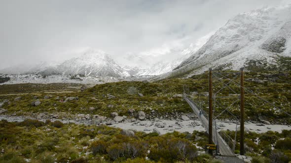 Mountain Scenery with Hanging Bridge at Hooker Valley Track