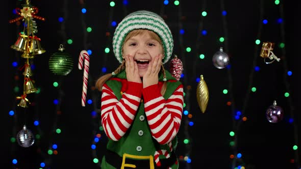 Kid Girl Christmas Elf Santa Claus Helper Costume Laughing Happily Background Garland