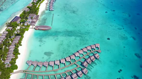 Aerial drone seascape of resort beach wildlife by lagoon with sand background