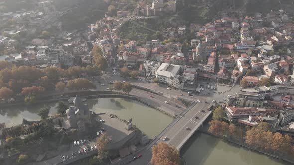 Aerial view of Metekhi bridge in old Tbilisi, Georgia 2021 autumn