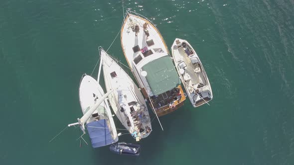 View from directly overhead of a nice summer day spent out on the yacht and boats.