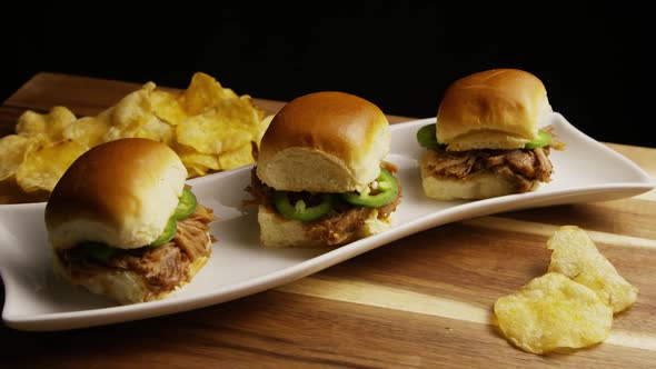 Rotating Shot of Delicious Pulled Pork Sliders