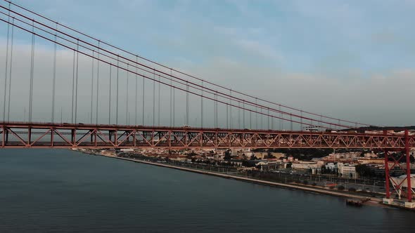 Aerial View Bridge Over Tagus River in Lisbon Close-up. Crop Part of 25Th April Bridge Symbol of