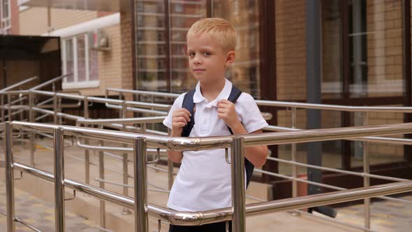 Portrait of a Little Schoolboy Boy with a Backpack Near a Modern School Building