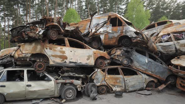 A Lot of Shot and Destroyed Civilian Cars at the Car Cemetery in Irpin Ukraine