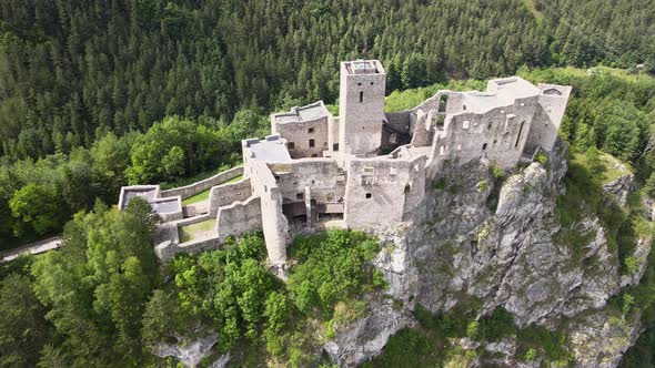 Aerial view of the castle in the village of Strecno in Slovakia