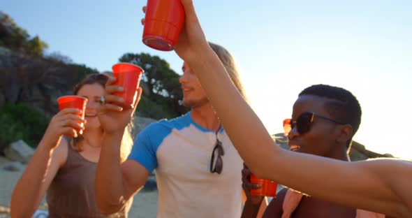 Group of friends toasting glasses of beer in the beach 4k