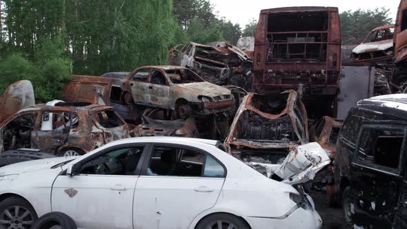 War in Ukraine a Dump of Shot and Burned Cars in Irpin Bucha District