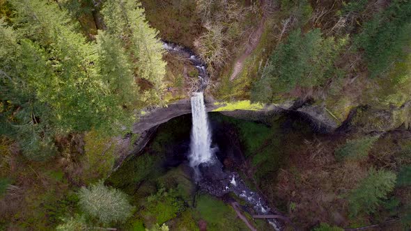 Aerial view of  a waterfall in Silver falls state Park in Oregon, USA.