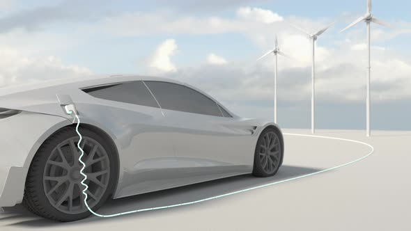 Close-up of an electric car charging with green hills