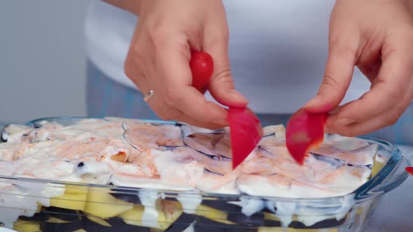 Woman Hands Lays Pieces Bell Pepper