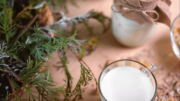 Rustic Wooden Table Serving By Fresh Natural Healthy Breakfast with Milk and Cereal Granola Top View