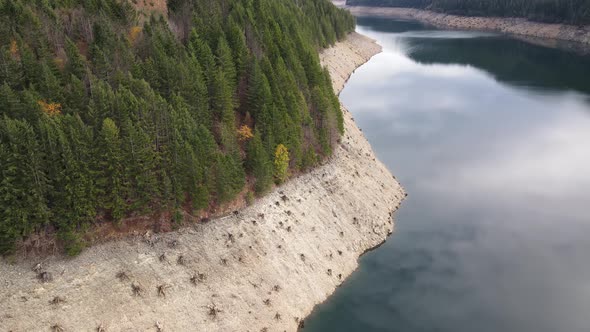 Aerial shot of a reservoir with low water levels