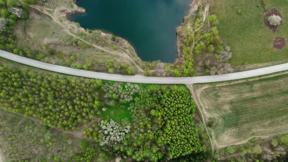 Fly over quarry pond in south Sweden