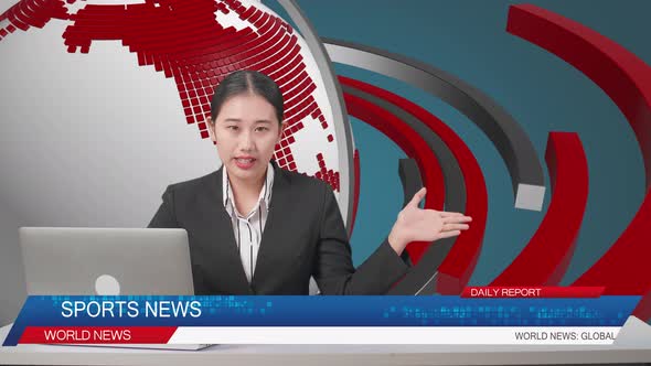 Live News Studio With Asian Professional Female Anchor And Her Computer Pointing To Side