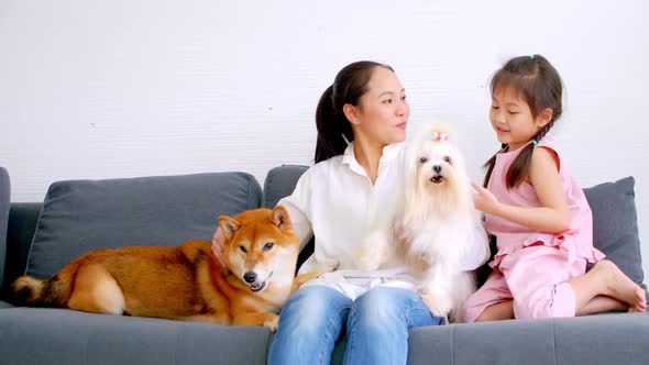 Mother and little daughter with their dog spending time together at home.