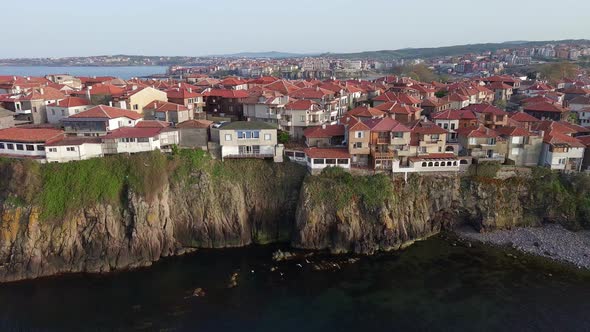 View From a Height of the City of Sozopol with Houses and Boats Near the Black Sea