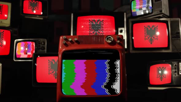 The flag of Albania and Retro TVs.