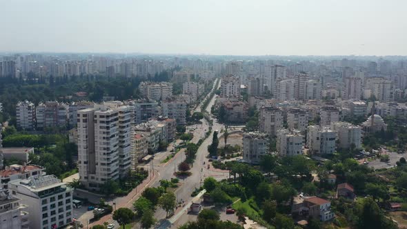 aerial drone passing a highway road in the center of Antalya Turkey along the coast of the Mediterra