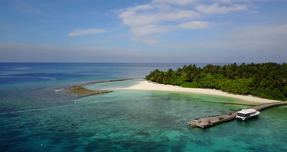 Daytime aerial abstract view of a paradise sunny white sand beach and aqua blue water background in 