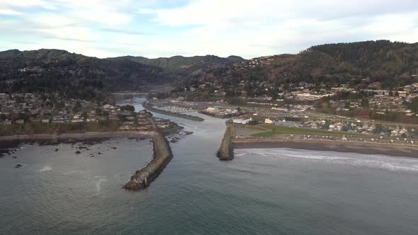 Port of Brookings, Oregon Coast, United States. Drone orbit.