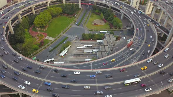 Aerial view of roundabout of Nanpu Bridge, Shanghai Downtown, China.