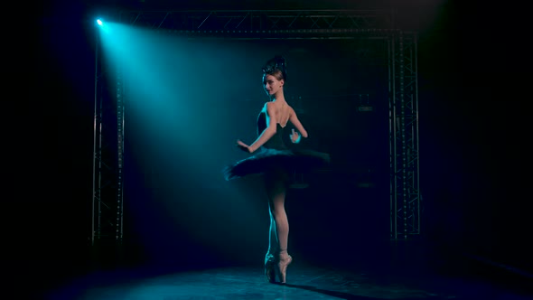 Classical Ballet Choreography Perfoming By Young Beautiful Graceful Ballerina in Black Tutu. Dark