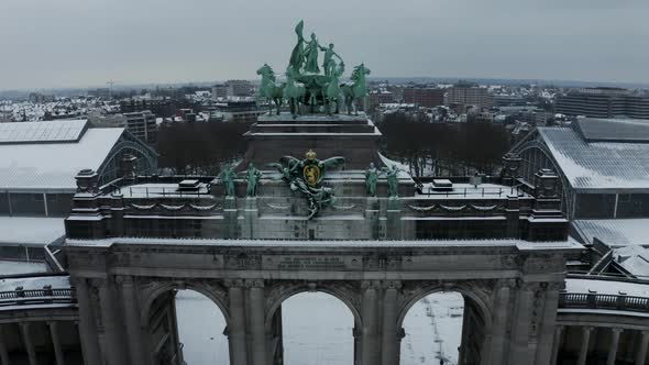 Aerial view of Arc du Cinquantenaire in wintertime, Brussel, Belgium.