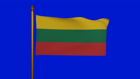 National flag of Lithuania waving with flagpole on chroma key, Lietuvos veliava Lithuanian flag