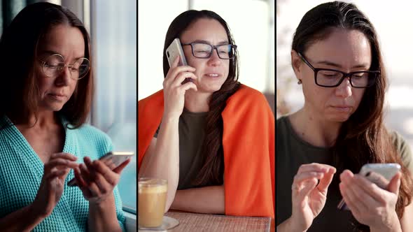 Woman with Smartphone Triple Collage Shot in Different Time of Day Businesswoman in Job and Rest