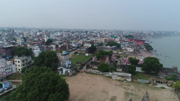 City of Varanasi or Benares in Uttar Pradesh in India seen from the sky