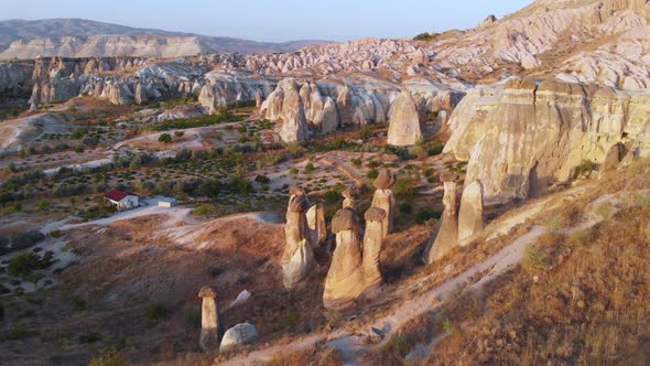 Aerial Drone Sunset View To Cappadocia Valleys Goreme Turkey