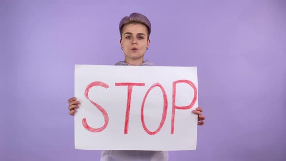 Young Person Generation Z Protesting Holding Poster STOP Isolated