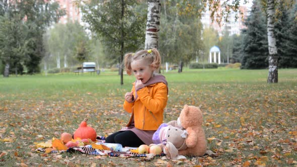 Little Cute Girl in Autumn Park Having Picnic