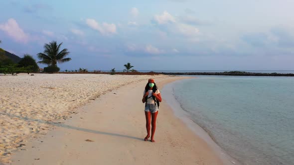 Girls happy together on exotic lagoon beach voyage by clear lagoon and white sandy background of Tha