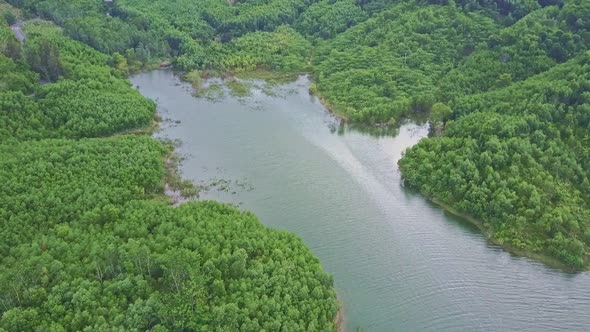 Drone Flies Over Blue Wonderful Tranquil Highland Lake