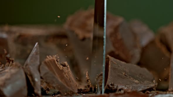 Super Slow Motion Shot of Cutting Raw Chocolate Chunk at 1000 Fps