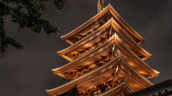 Five-story Pagoda At In Senso-Ji Temple Illuminated At Night In Asakusa, Tokyo, Japan. - timelapse