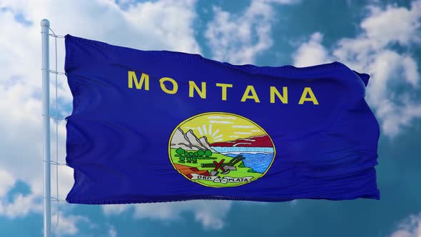 Flag of Montana State Region of the United States Waving at Wind