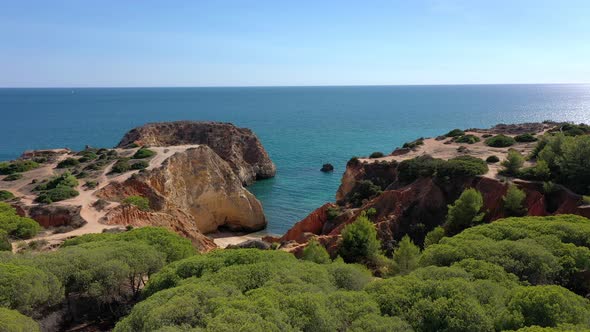 Delightful Aerial View of Portuguese Rocky Beaches Near the City of Portimao