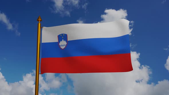 National flag of Slovenia waving with flagpole and blue sky timelapse
