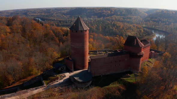 Aerial View of the Sigulda City in Latvia During Golden Autumn