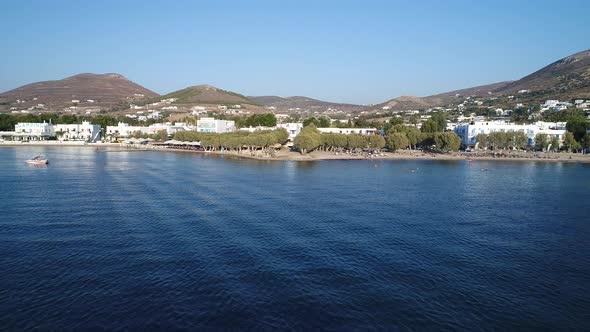 Parikia on the island of Paros in the Cyclades in Greece seen from the sky