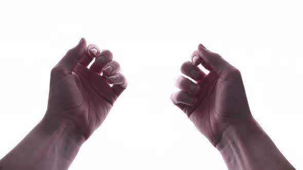 Person does hand gesture with bright white backdrop 29