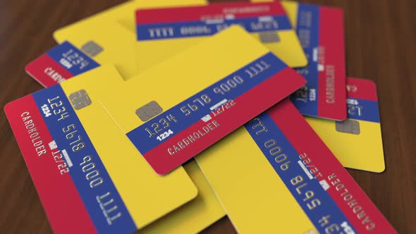 Pile of Credit Cards with Flag of Colombia