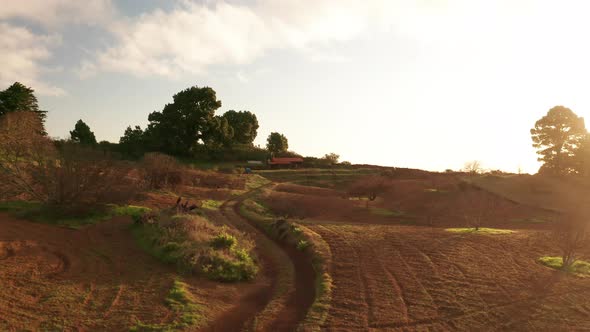 Aerial dolly over rural road agricultural hill in direction of sunrise