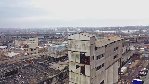 Ruins of an old factory. Old industrial building for demolition. Aerial view