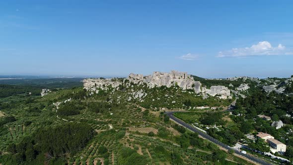 Village of Les Baux-de-Provence in Bouches-du-Rhone in France from the sky