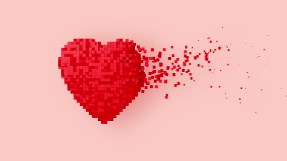 Disintegration Of Red Digital Heart On Pink Background alt