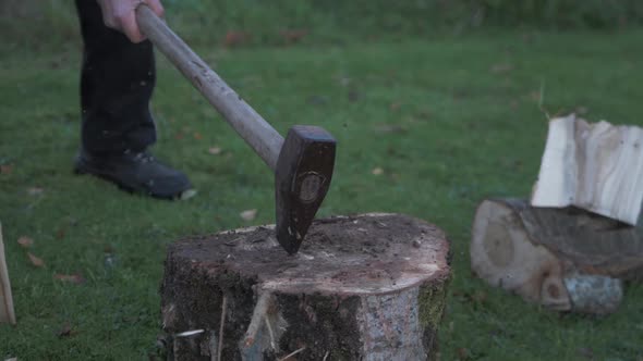 Man splitting logs for firewood on cold Winters day